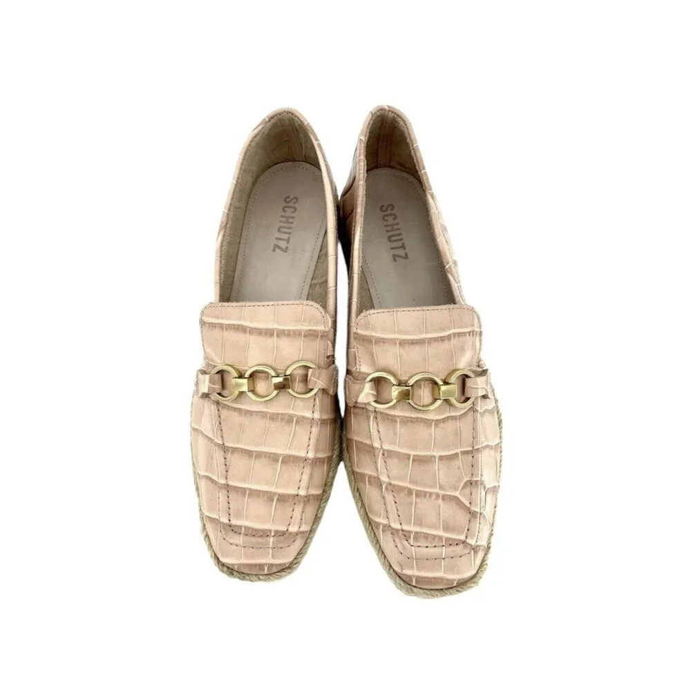 Schutz Loafers Patty Crocodile Embossed Pink Leather Flats SZ 7.5 New